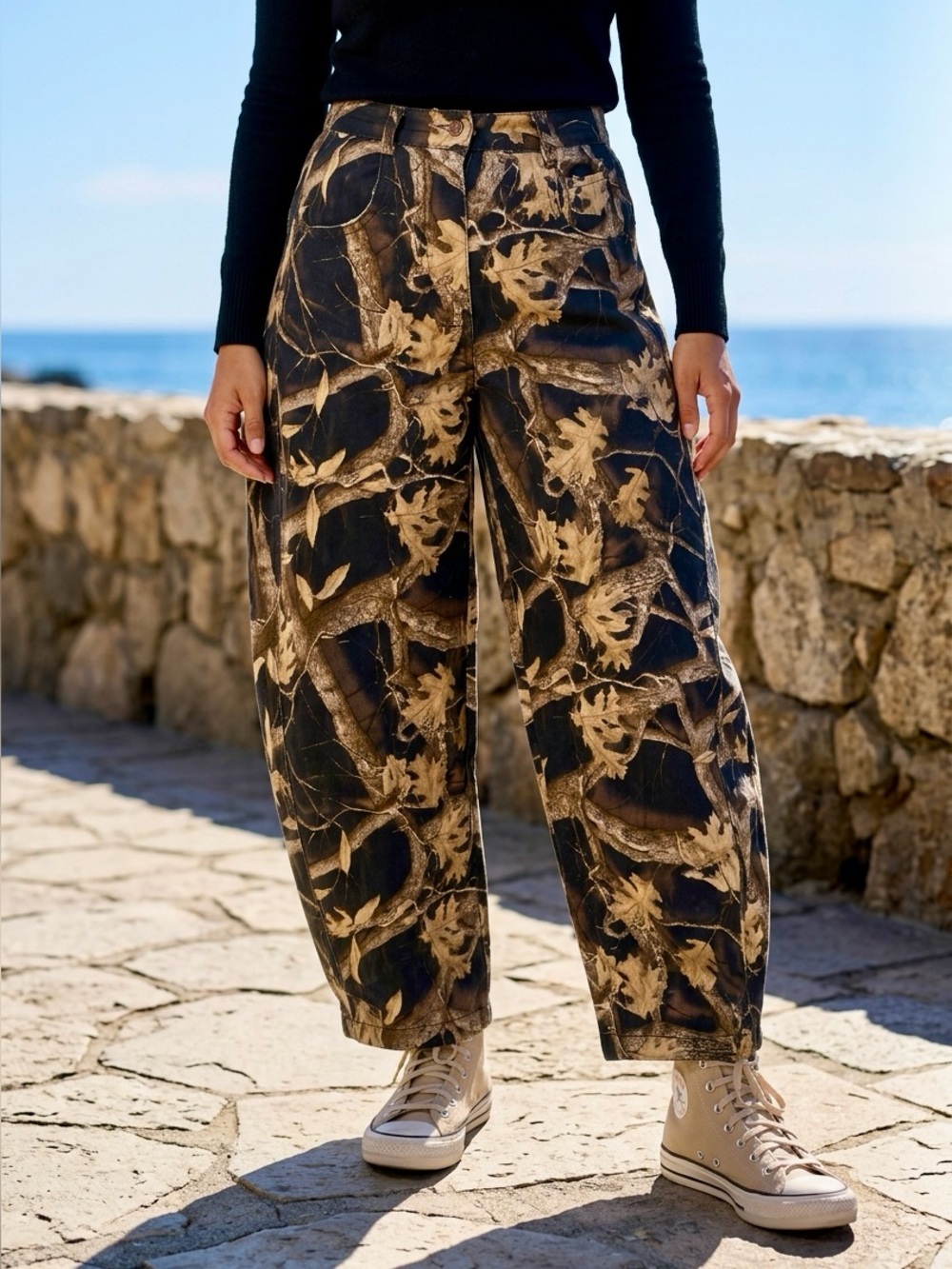 BNWT Davi & Dani Black Tree Camo Relaxed Wide-Leg Barrel Pants